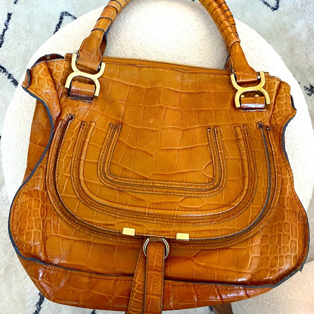 Chloe Marcie Medium Croc-Embossed Handbag Purse Brown